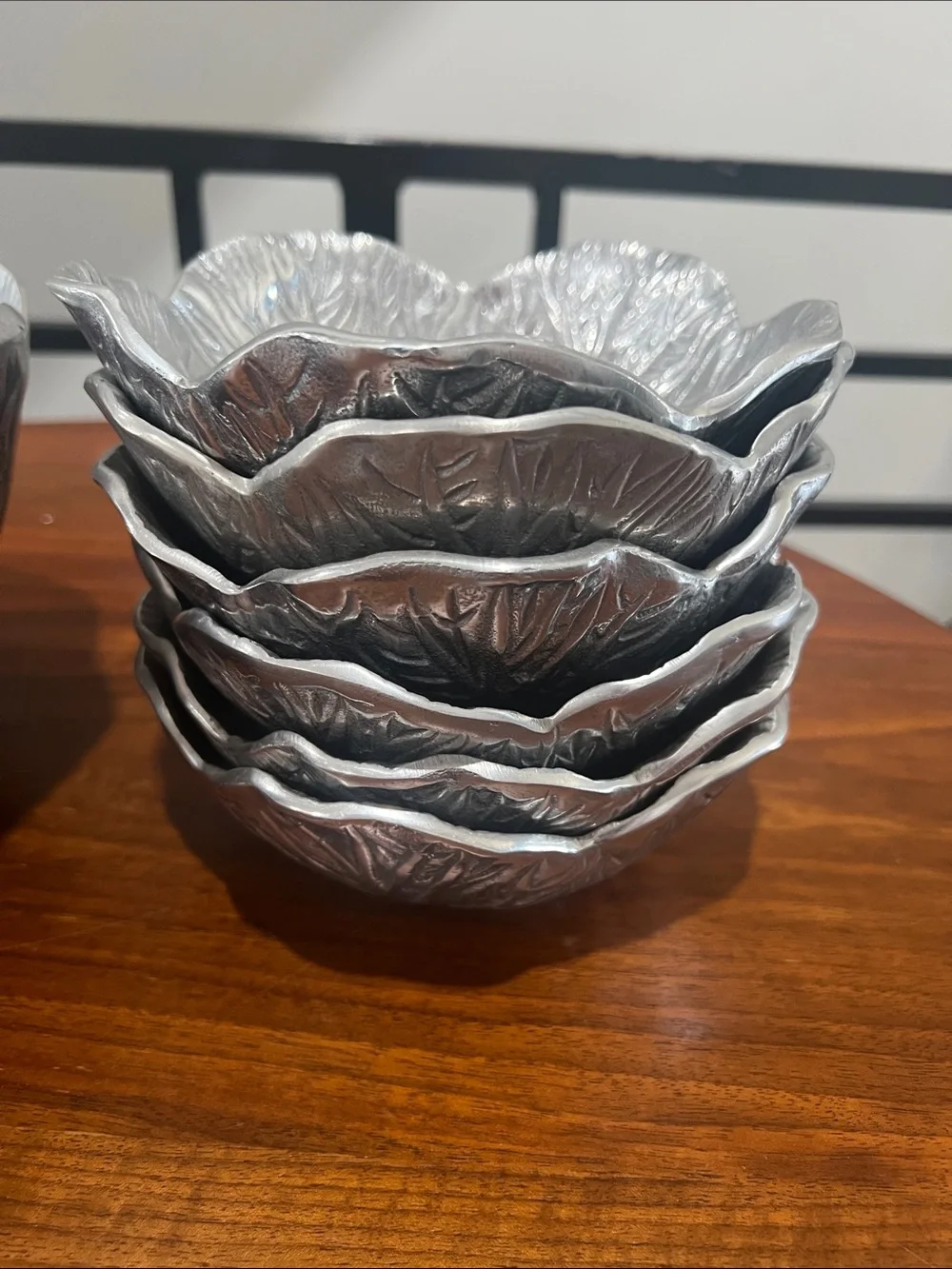 Pewter Cabbage Leaf Serving Bowl & 6 Bowls Set